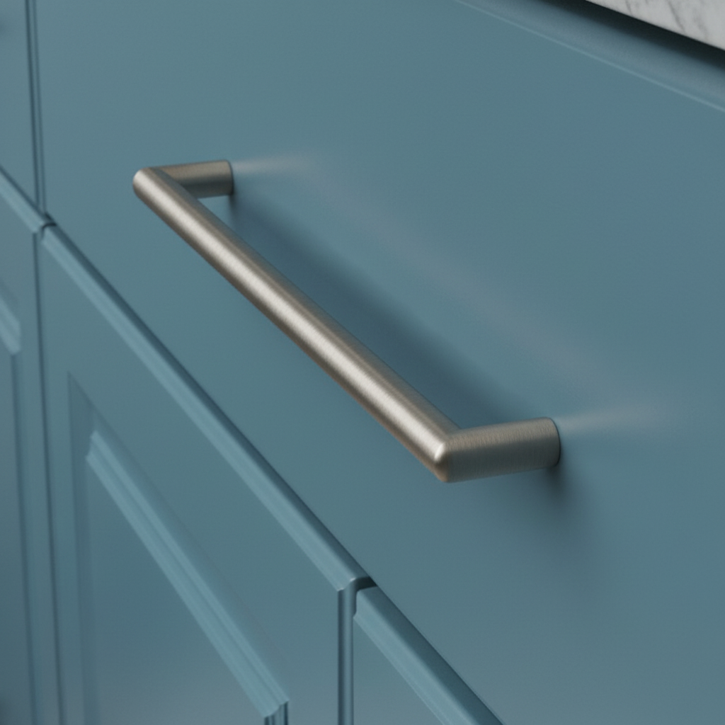 satin brushed nickel cabinet handle on a teal cabinet