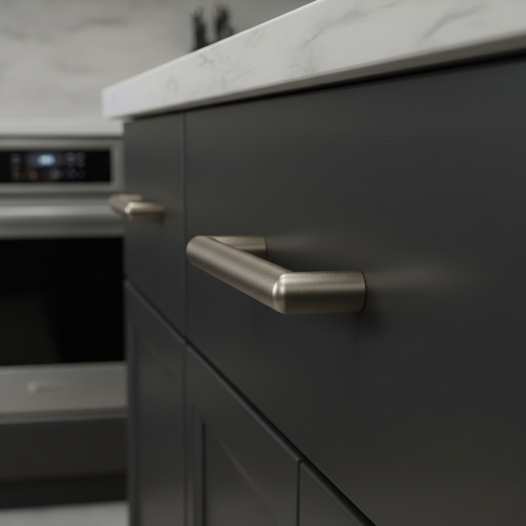 Close-up of a kitchen cabinet with metallic handle in a modern kitchen setting
