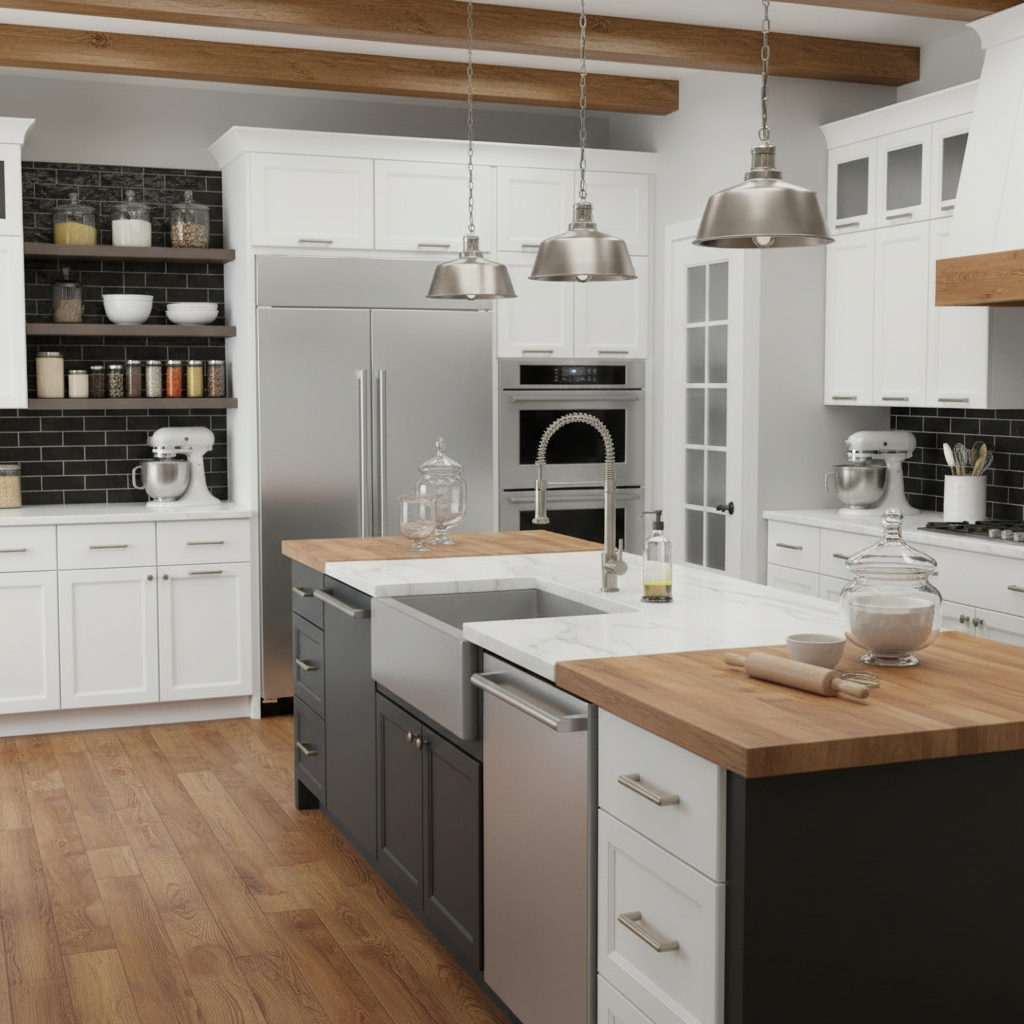 Modern kitchen with stainless steel appliances and wooden countertops