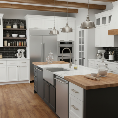Modern kitchen with stainless steel appliances and wooden countertops