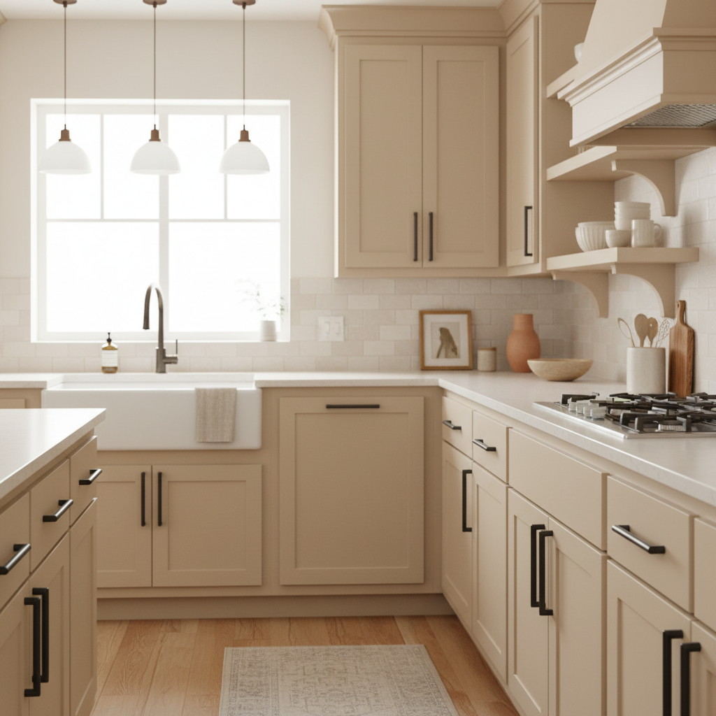 beige cabinet doors with orb handles in a kitchen setting