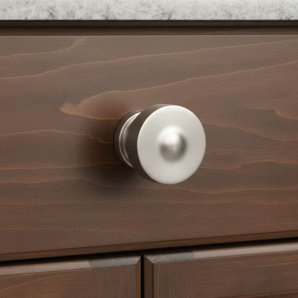 brown cabinets with a satin nickel knob on the drawer