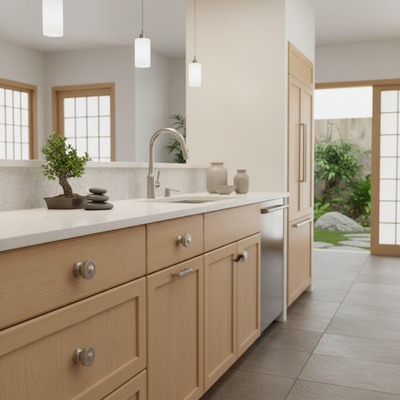 Modern kitchen with wooden cabinets, white countertops, and a view of a garden.