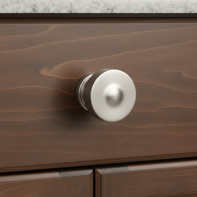 brown cabinets with a satin nickel knob on the drawer