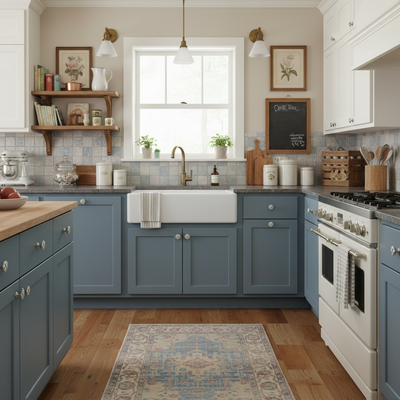 Modern kitchen satin nickel cabinet hardware on blue cabinets, white appliances, and wooden floor.