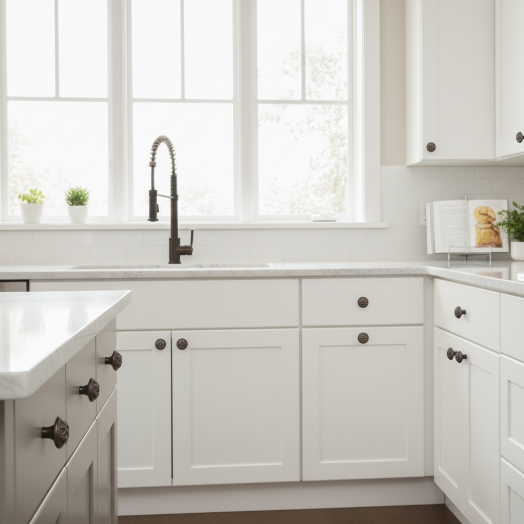 White kitchen with marble countertops and black fixtures