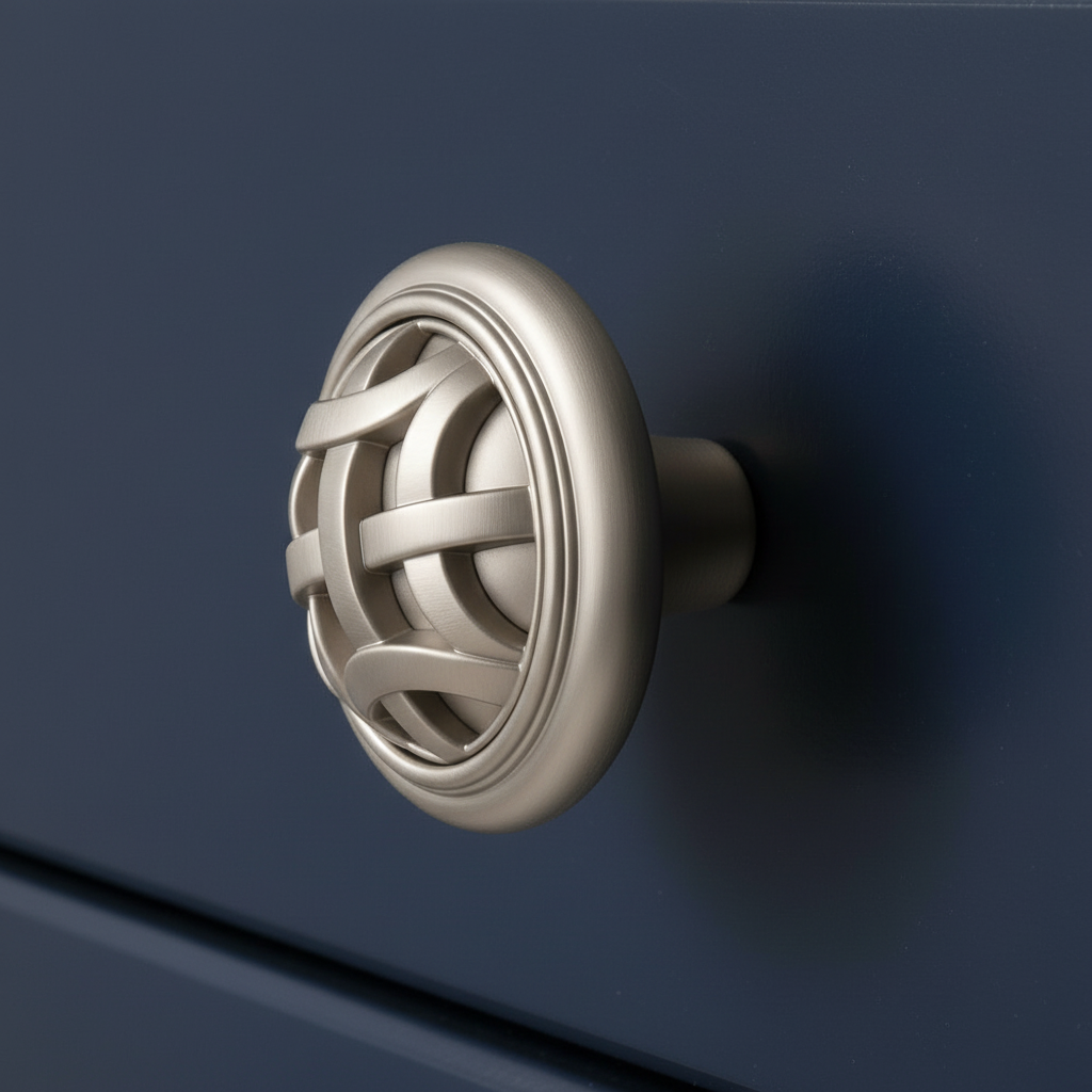 Decorative braided satin nickel silver knob on a dark blue background
