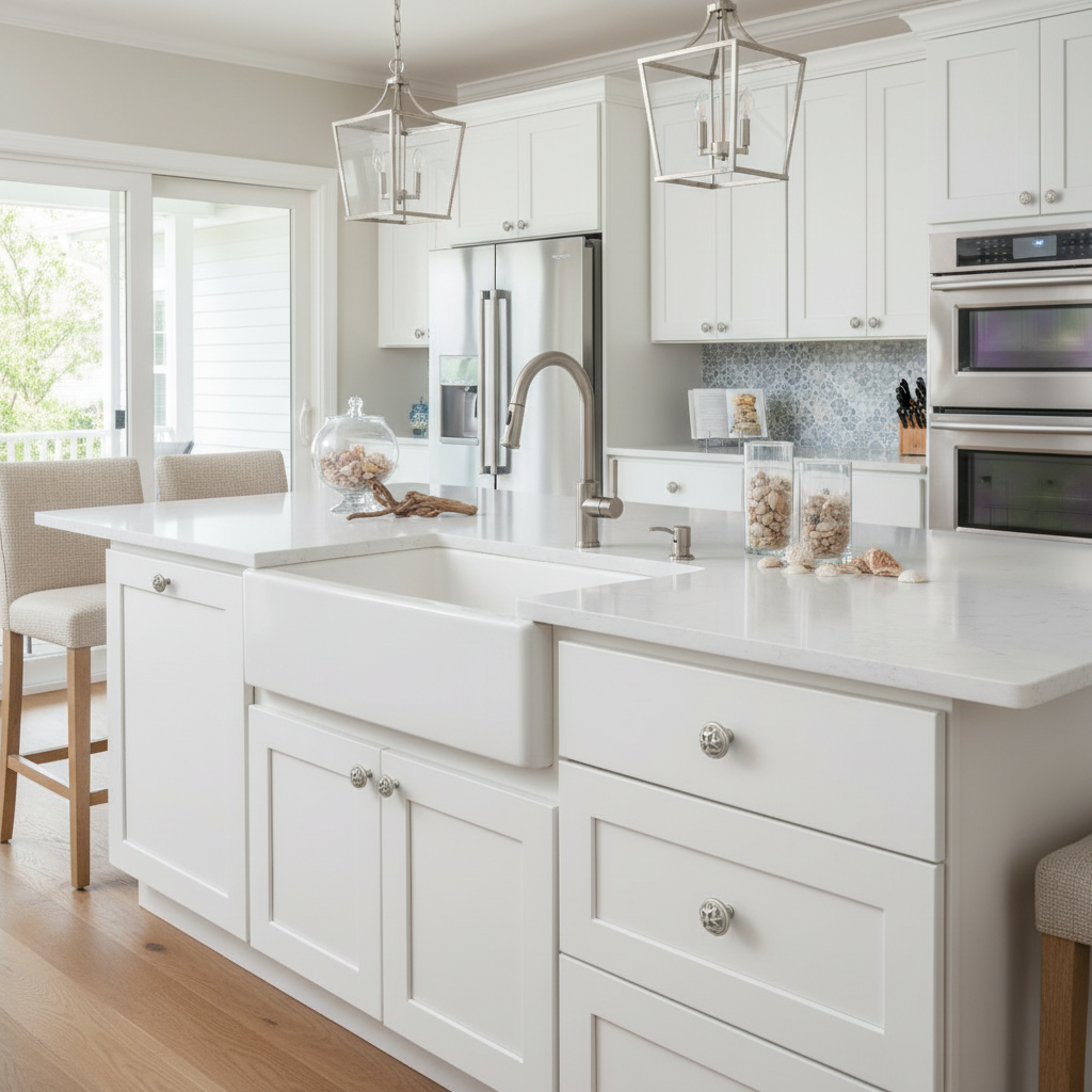 Modern kitchen with white cabinets, marble countertop, and stainless steel appliances.