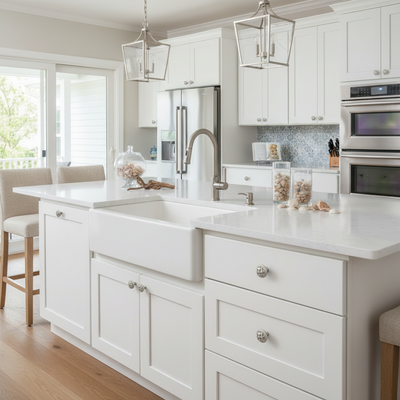 Modern kitchen with white cabinets, marble countertop, and stainless steel appliances.