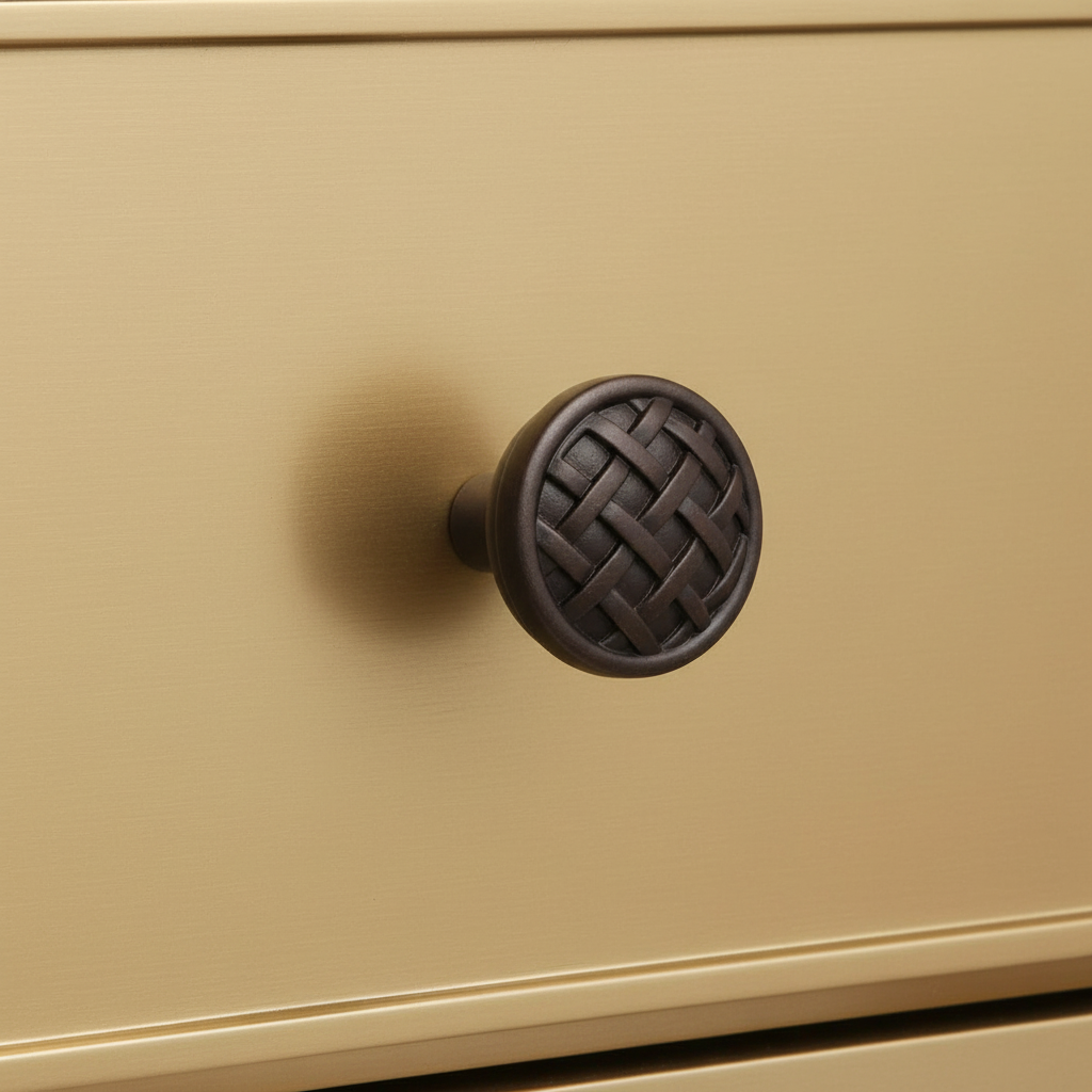 braided woven bronze cabinet knob on a  yellow gold cabinet drawer 