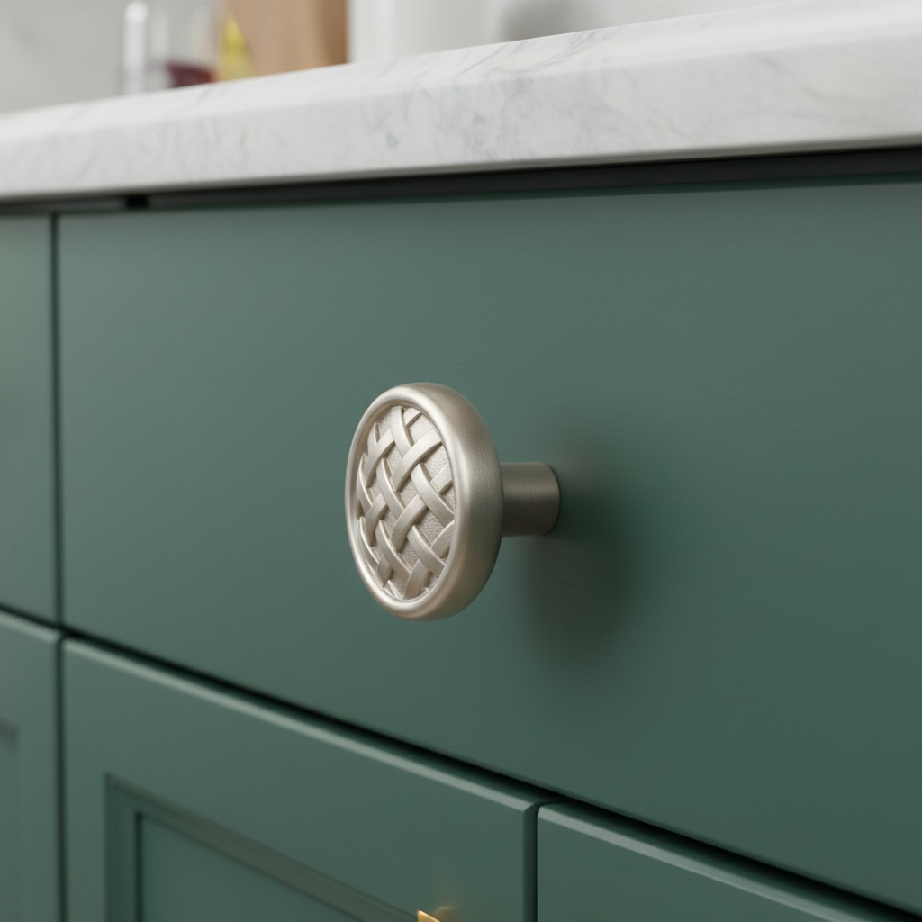 decorative braided cabinet knob on a green cabinet drawer 