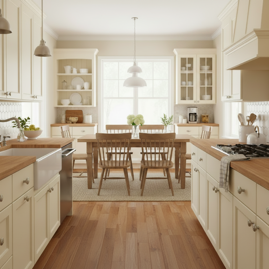satin nickel cabinet knobs on cream cabinets in a farmhouse kitchen
