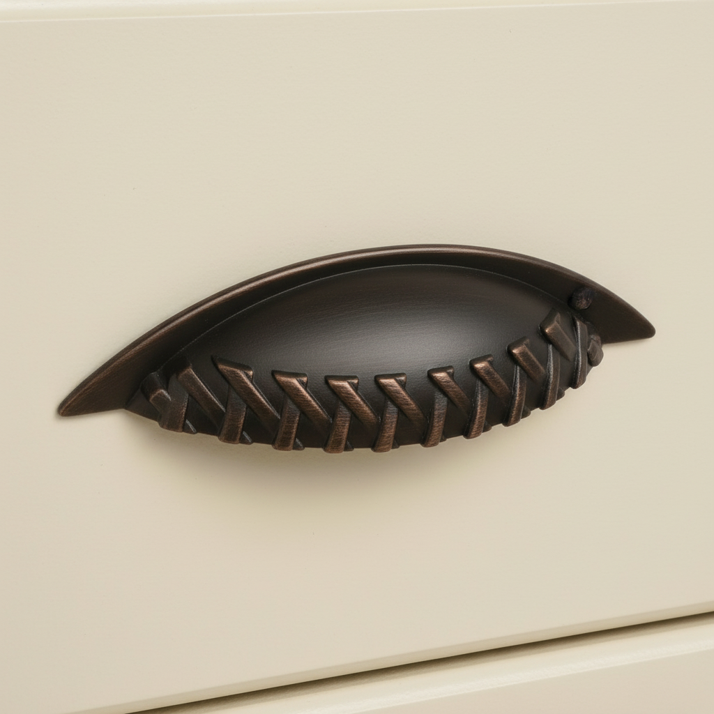 Decorative brown cabinet handle on a beige background