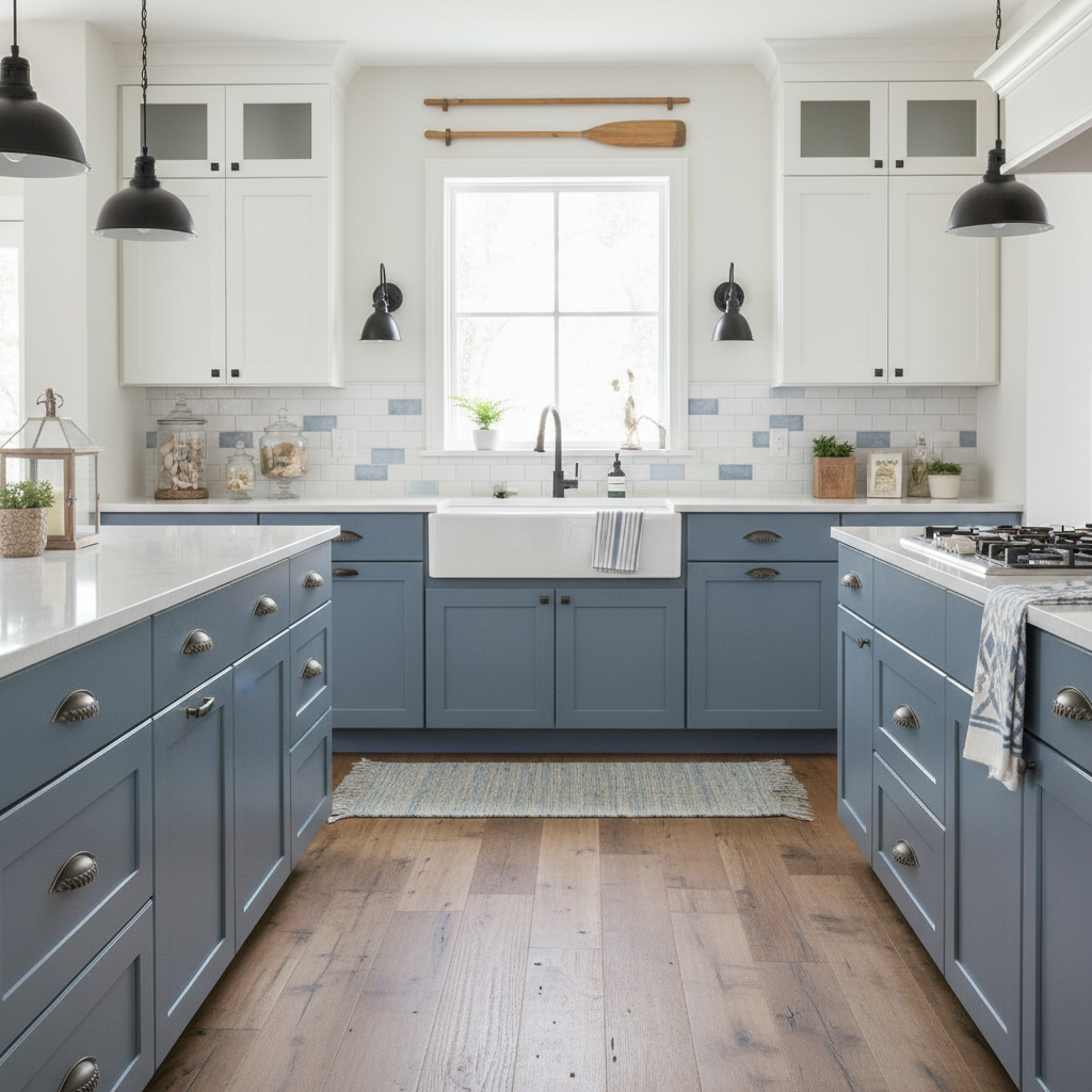 Modern kitchen with blue and white cabinetry, wooden flooring, and decorative elements.