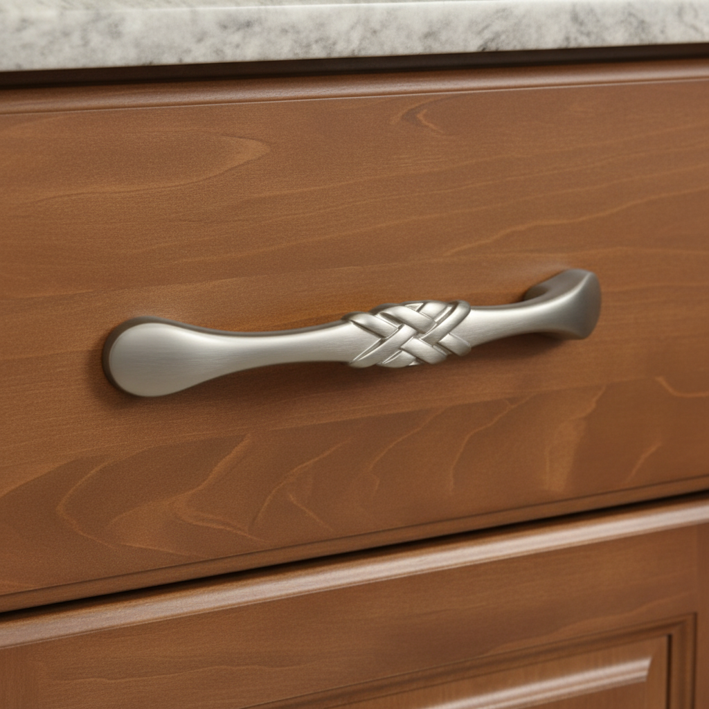 Wooden drawer with a decorative metal handle on a marble countertop background