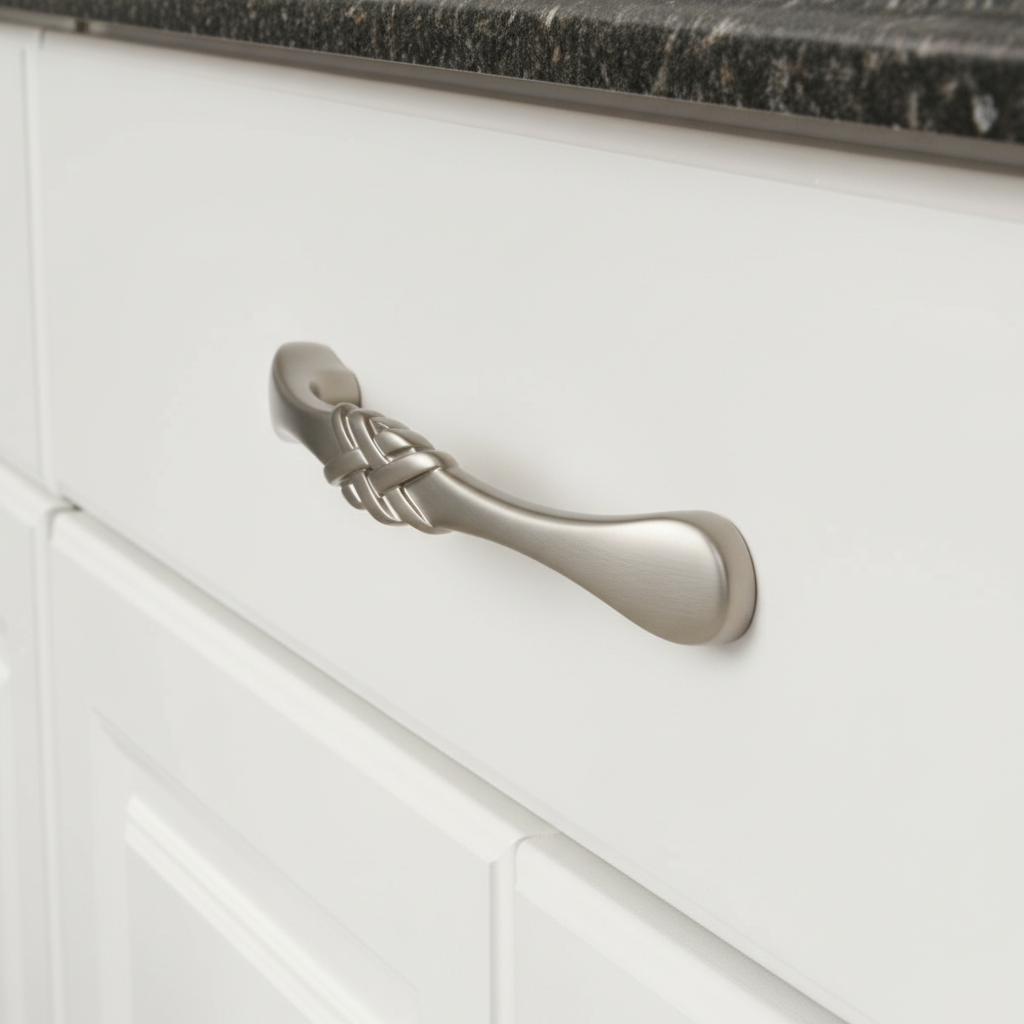 Cabinet handle on a white cabinet with a granite countertop.