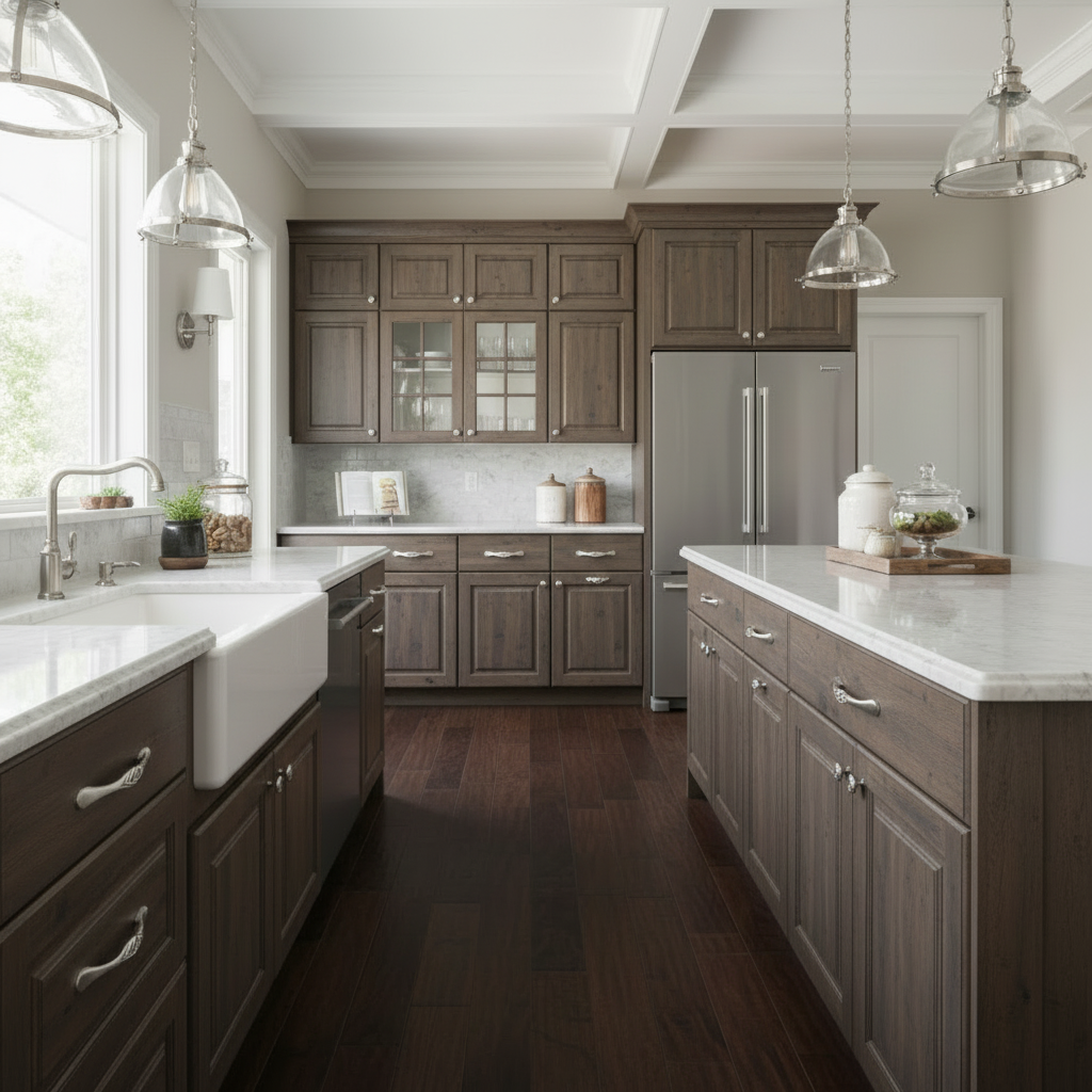 Modern kitchen with wooden cabinets, stainless steel appliances, and white countertops.