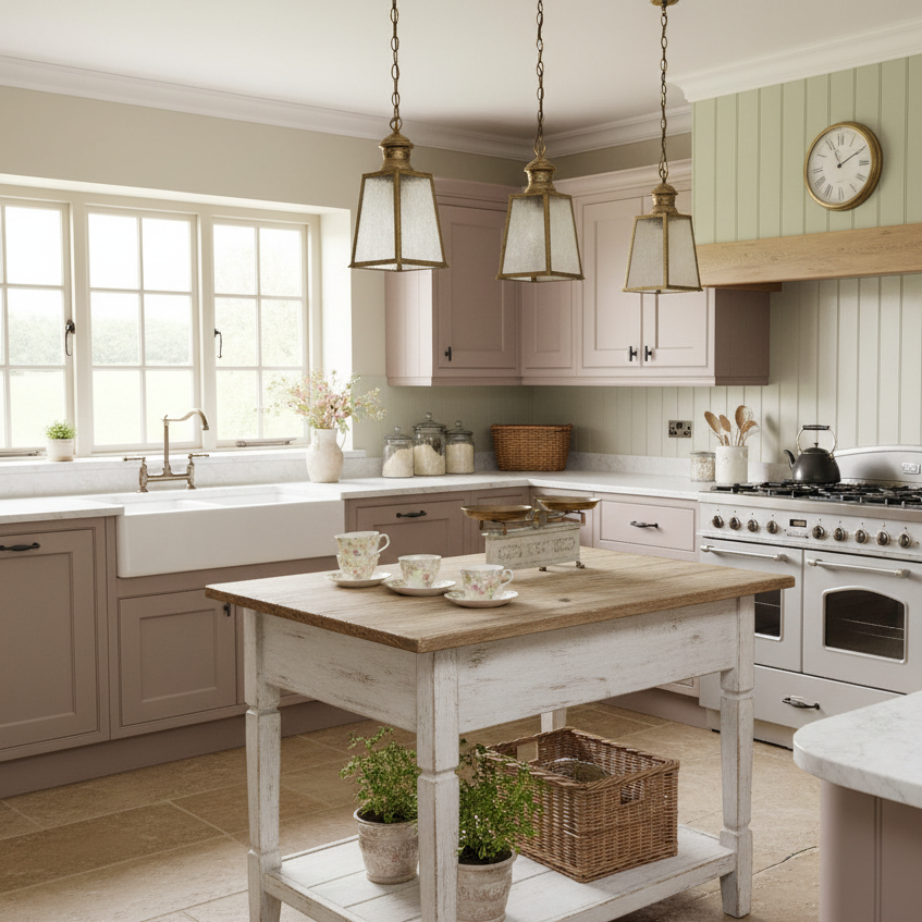 Modern kitchen with wooden island, white cabinets, and decorative elements.