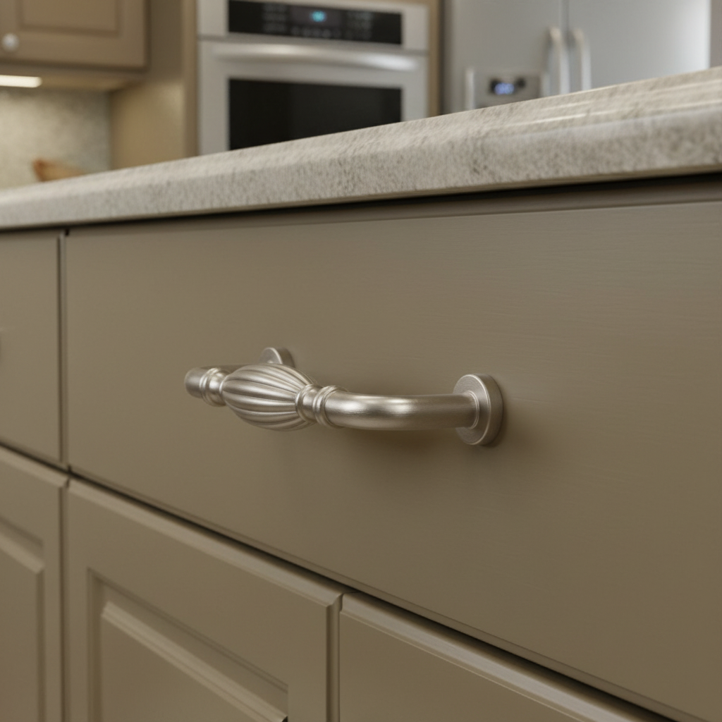 Close-up of a satin nickel kitchen  cabinet  pull on an olive cabinet drawer