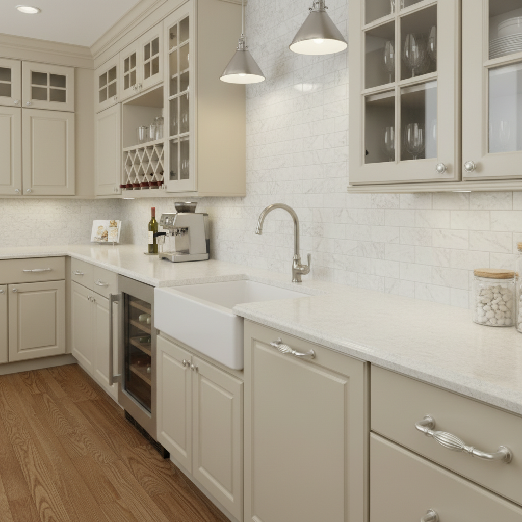 Modern kitchen with beige cabinets, white countertops, and wooden flooring and fluted satin nickel cabinet pulls of various sizes.