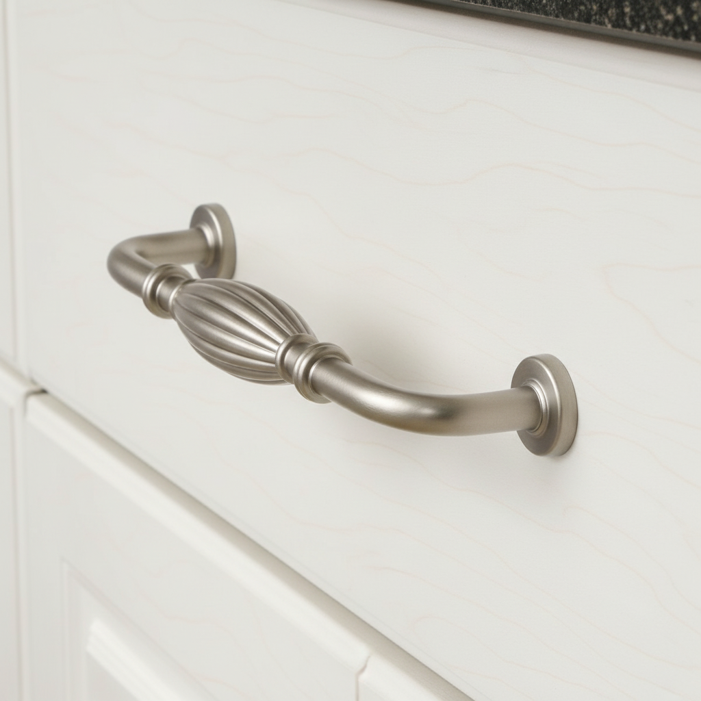 satin nickel cabinet handle on a white cabinet door