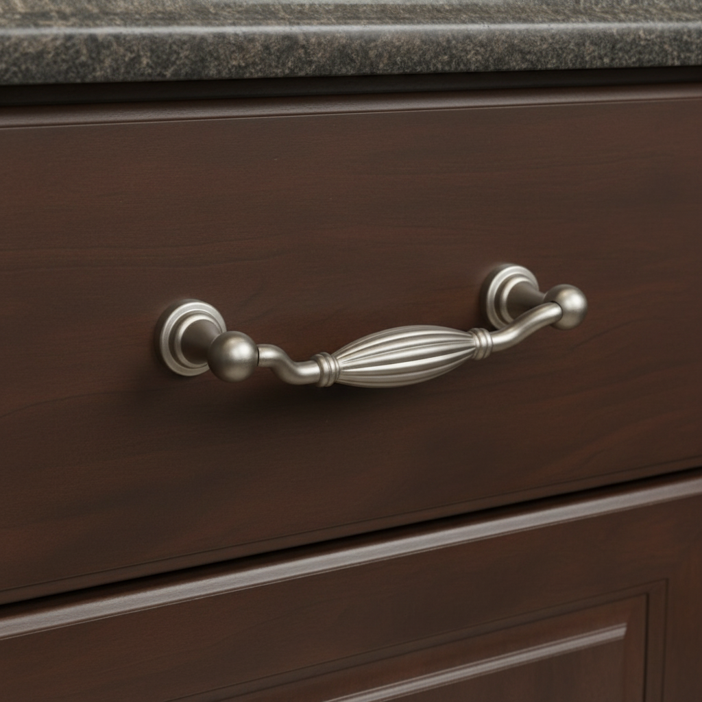 satin nickel fluted drop pull on a wood drawer 
