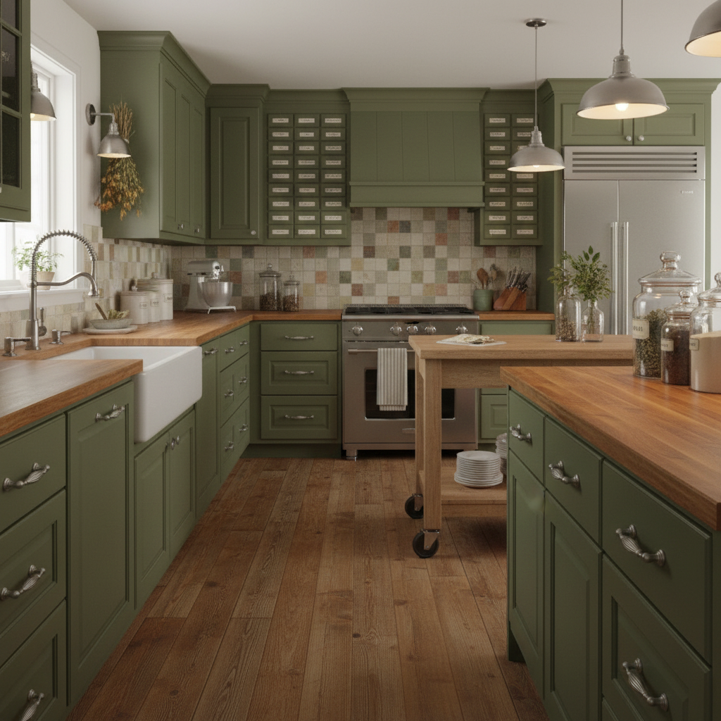 Satin nickel cabinet pulls in a Modern kitchen with green cabinets, wooden countertops, and stainless steel appliances.