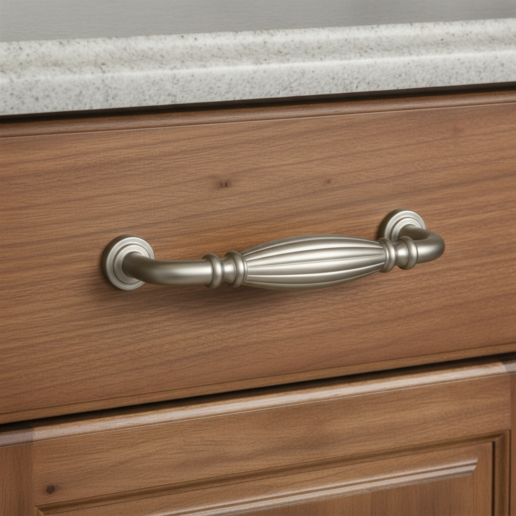 Wooden drawer with a fluted satin nickel cabinet handle on a kitchen cabinet.