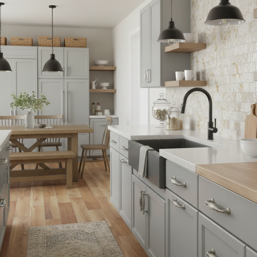 Silver fluted brushed nickel cabinet pull handles on gray cabinets in a pretty farmhouse kitchen 