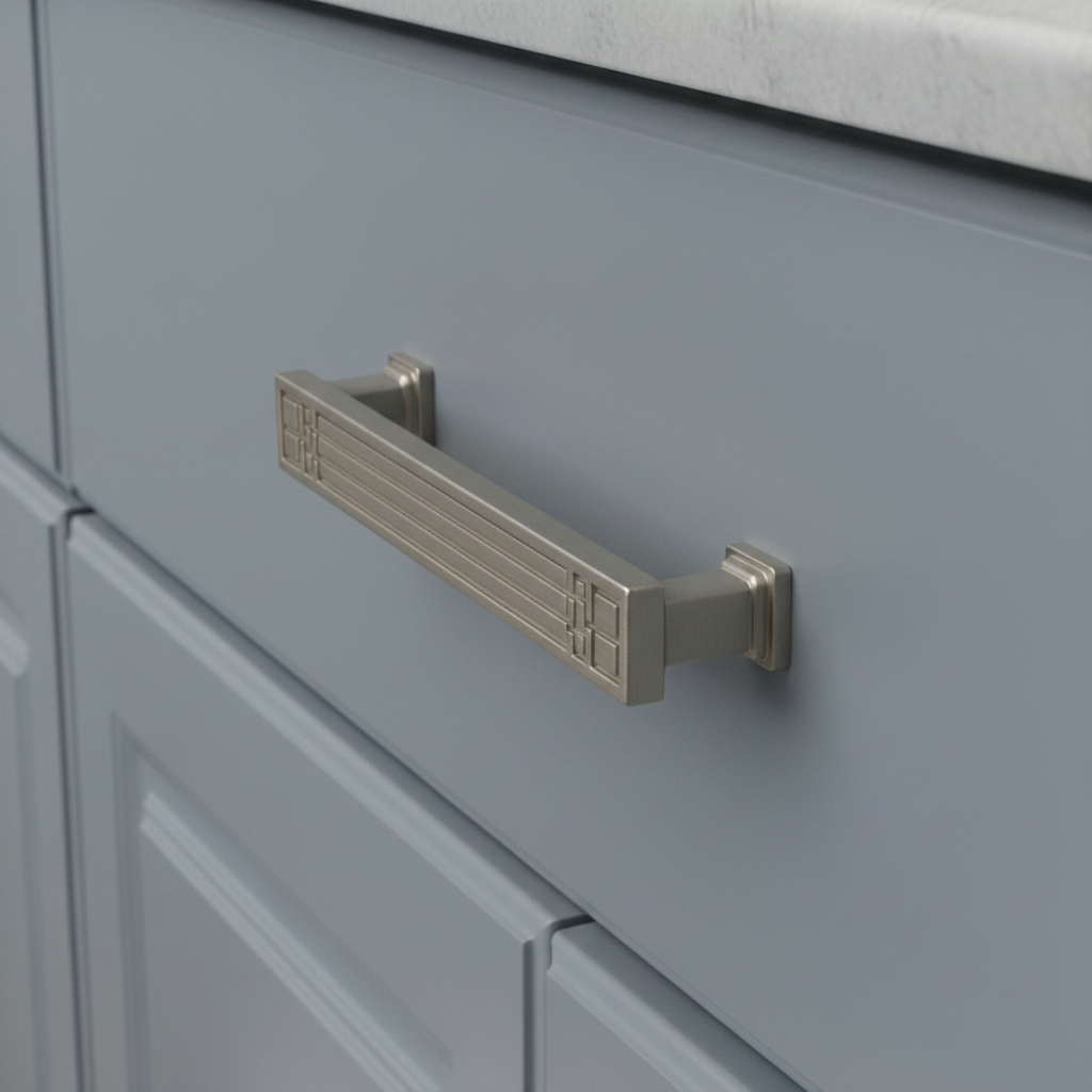 decorative cabinet pull with three and three quarter hole spacing on a light blue cabinet drawer 