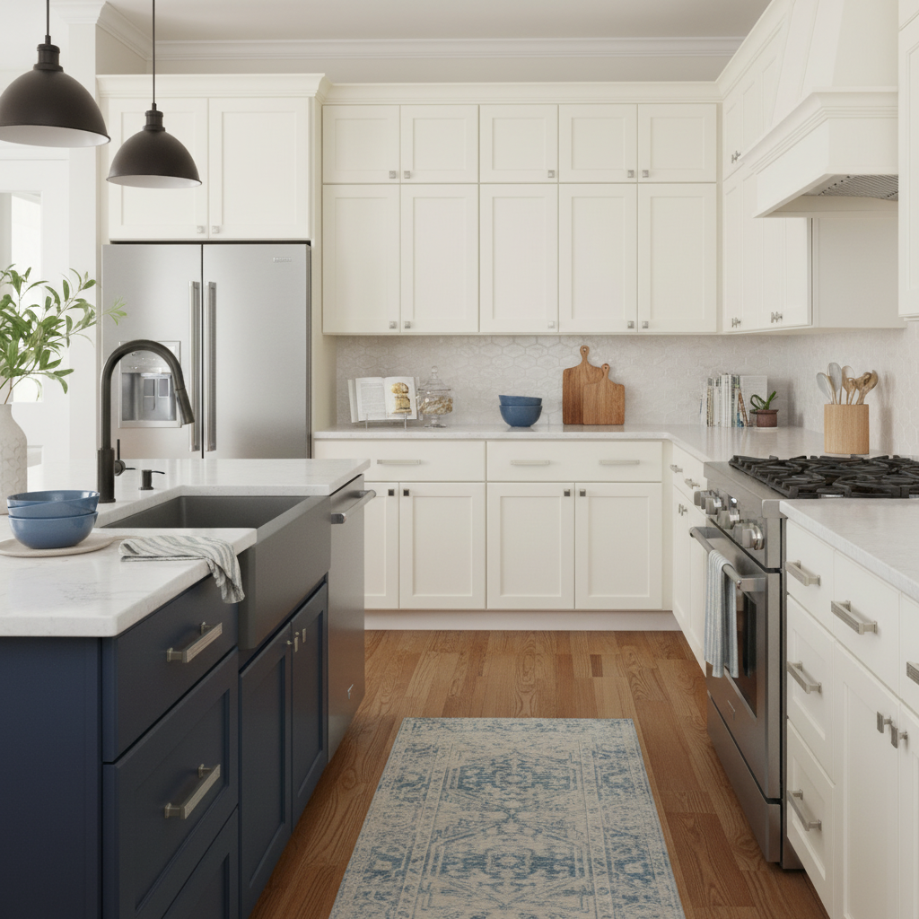 Modern kitchen with satin nickel cabinet pulls set on white cabinets, stainless steel appliances, and a blue island.