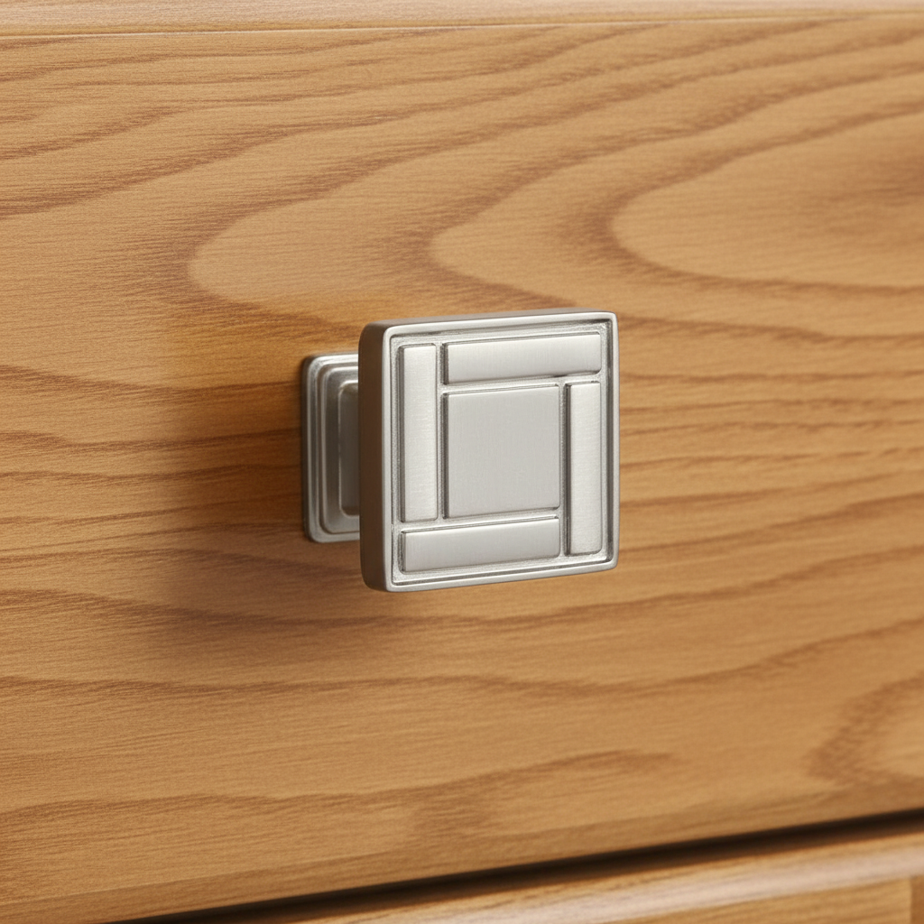 Wooden surface with a metallic square cabinet knob