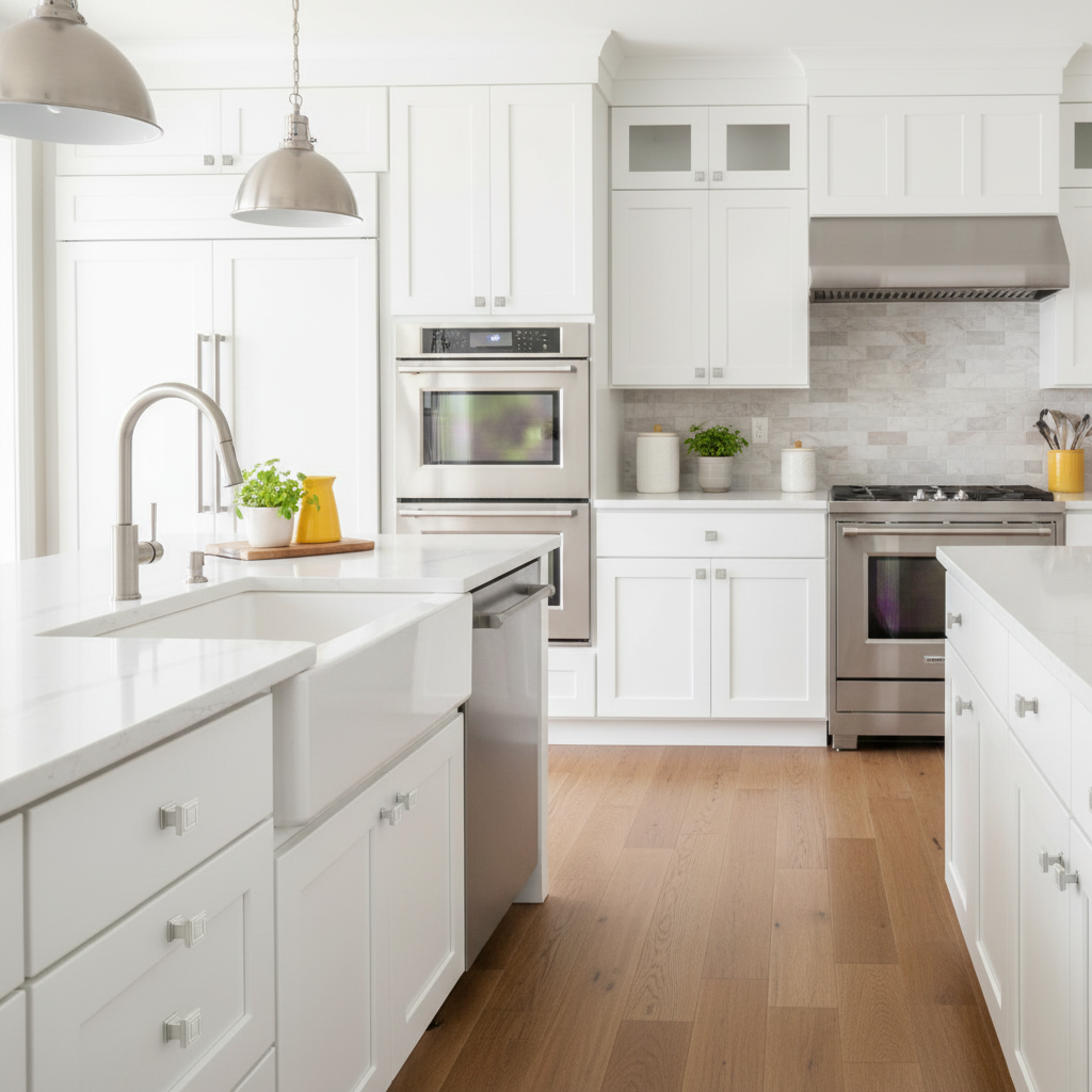 Modern kitchen with white cabinets, stainless steel appliances, and wooden flooring.