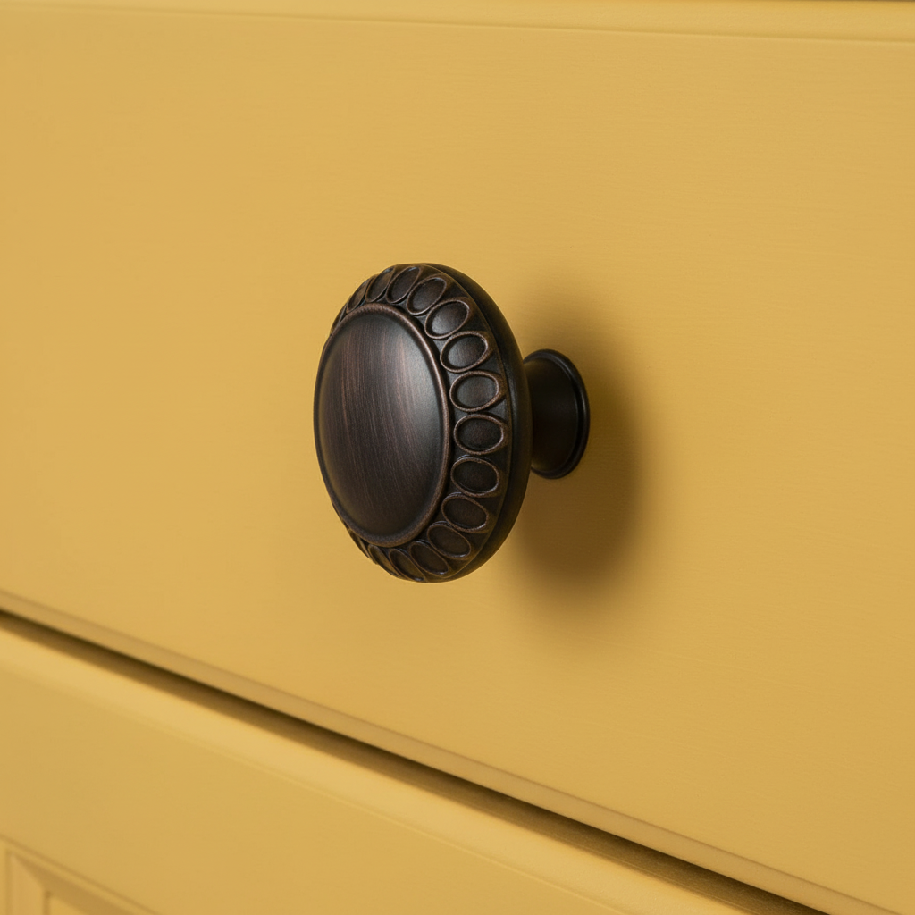 Decorative black door knocker on a mustard yellow door