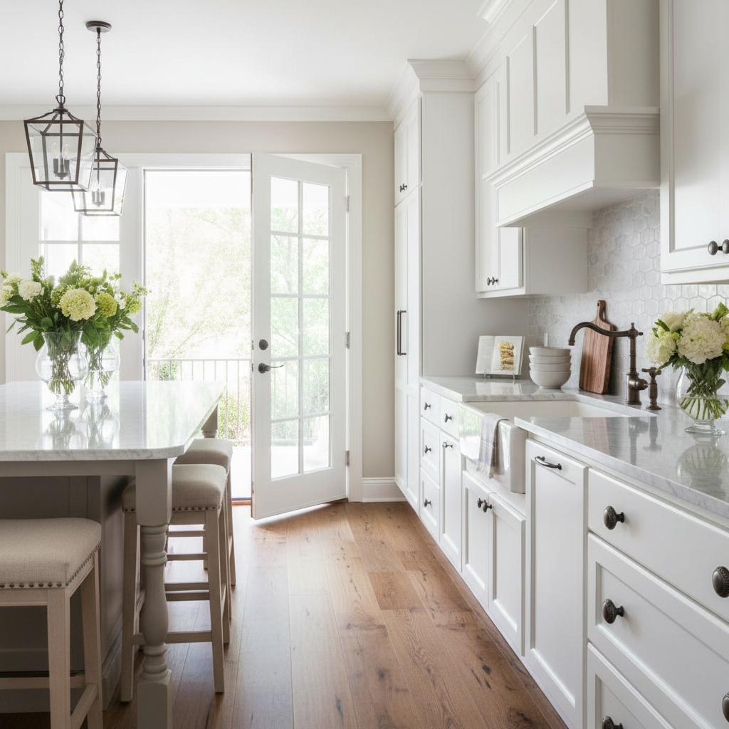 Decorative oil rubbed bronze door handles in a modern colonial 