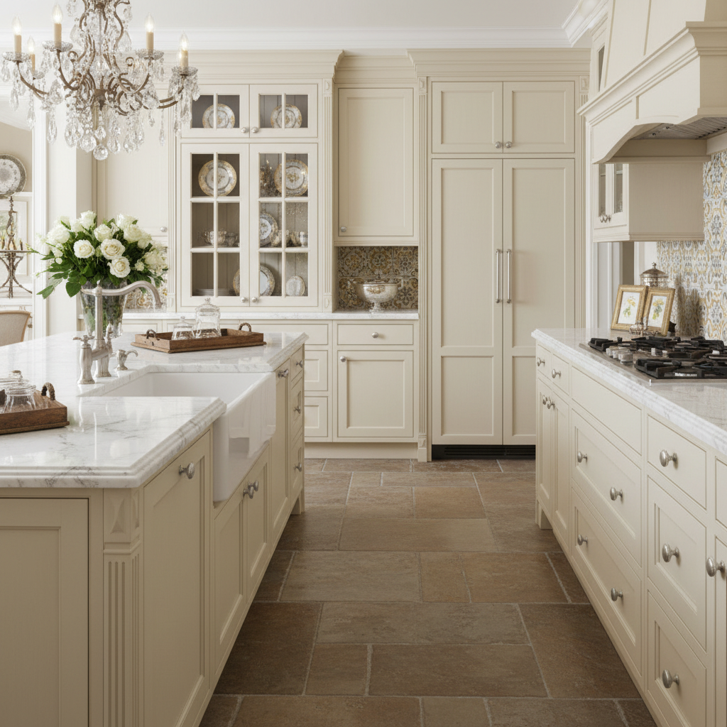 Luxurious kitchen with cream-colored cabinets, marble countertops, and decorative elements.