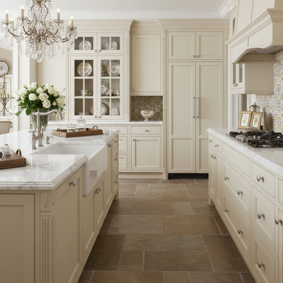 Luxurious kitchen with cream-colored cabinets, marble countertops, and decorative elements.