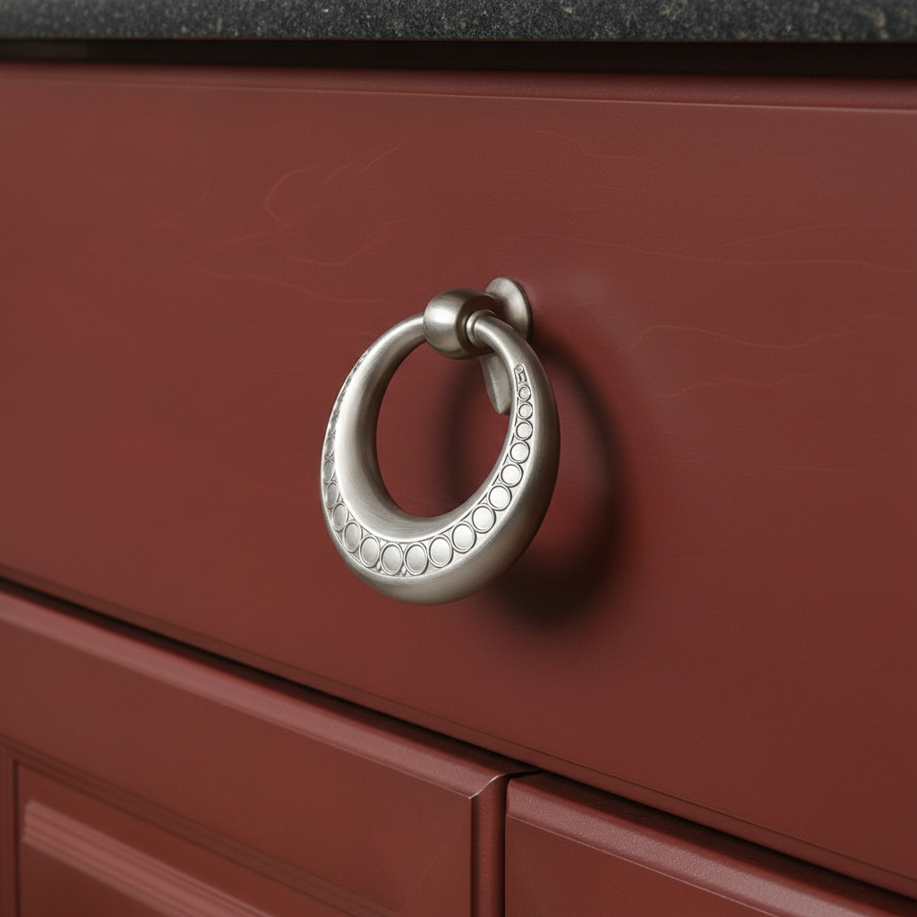 Close-up of a red cabinet with a satin nickel ring handle