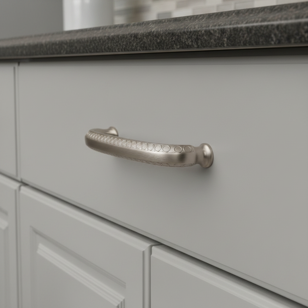 decorative satin nickel cabinet pull on a gray drawer 