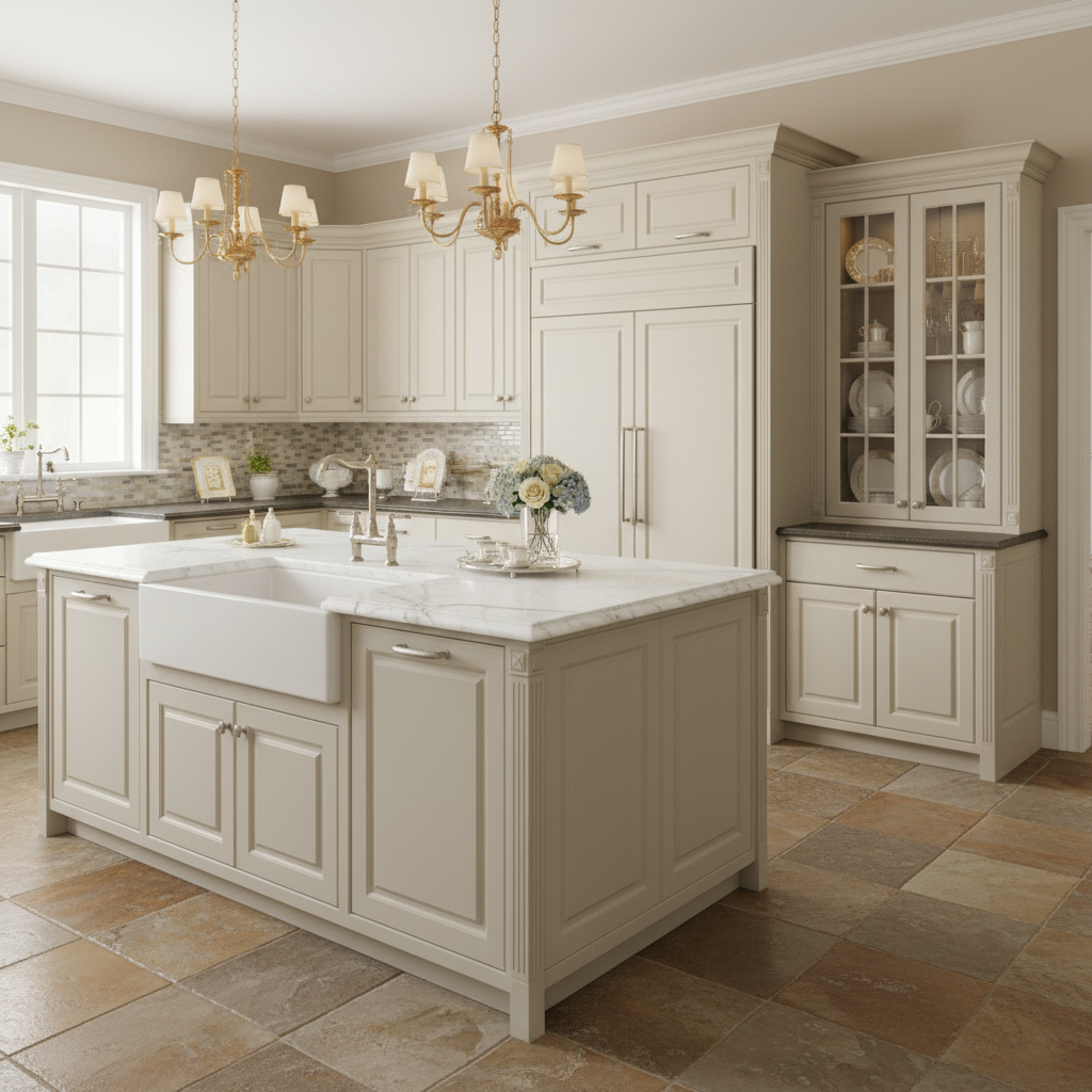 satin nickel cabinet pulls in a modern kitchen with white marble island, cabinets, and chandelier.