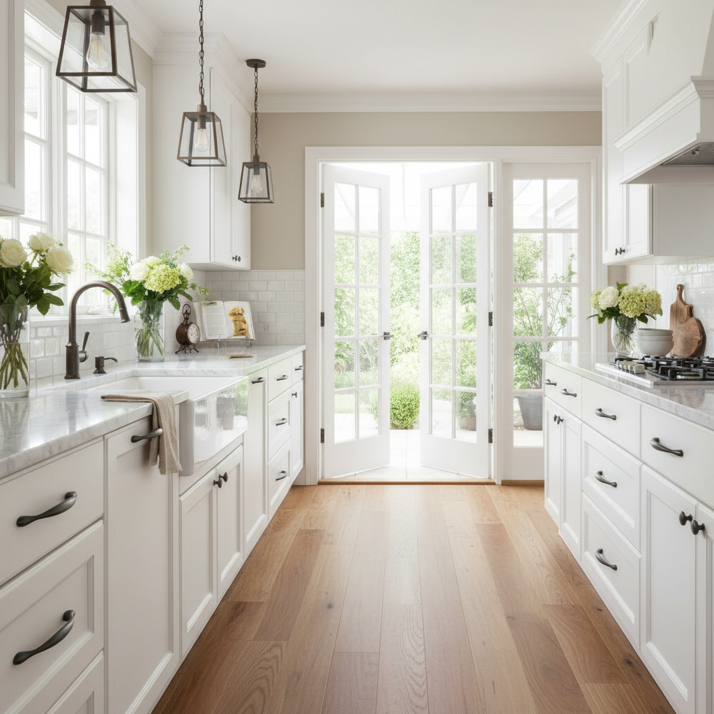 oil rubbed bronze cabinet drawer in a pretty white kitchen with a french door 
