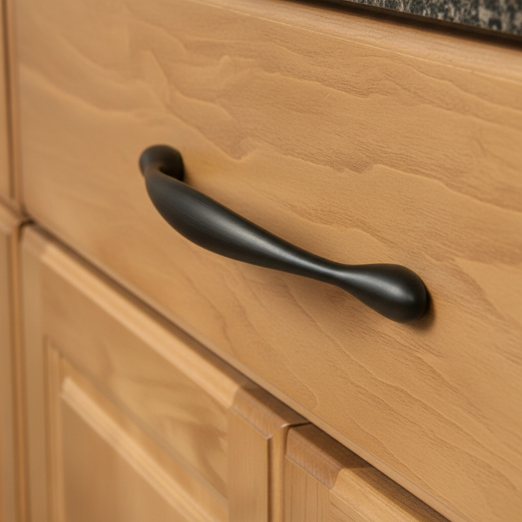 oil rubbed bronze cabinet drawer pull with flat wide handle shape at the center of the drawer