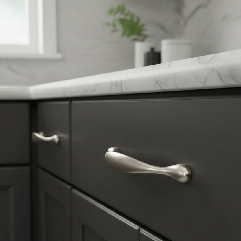 Gray cabinet with satin nickel cabinet handles in a kitchen setting of black drawers