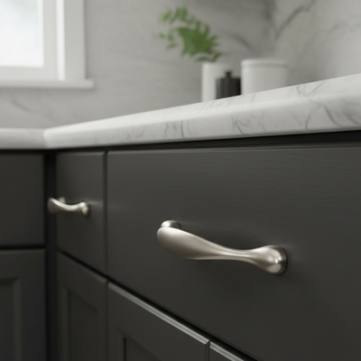 Gray cabinet with satin nickel cabinet handles in a kitchen setting of black drawers