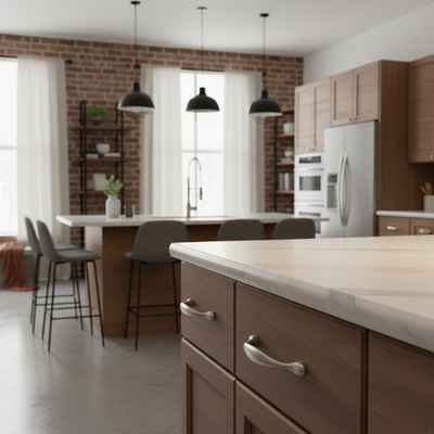 Modern stain nickel cabinet handles 5" hole spacing on a wood kitchen drawer in a urban chic kitchen. 
