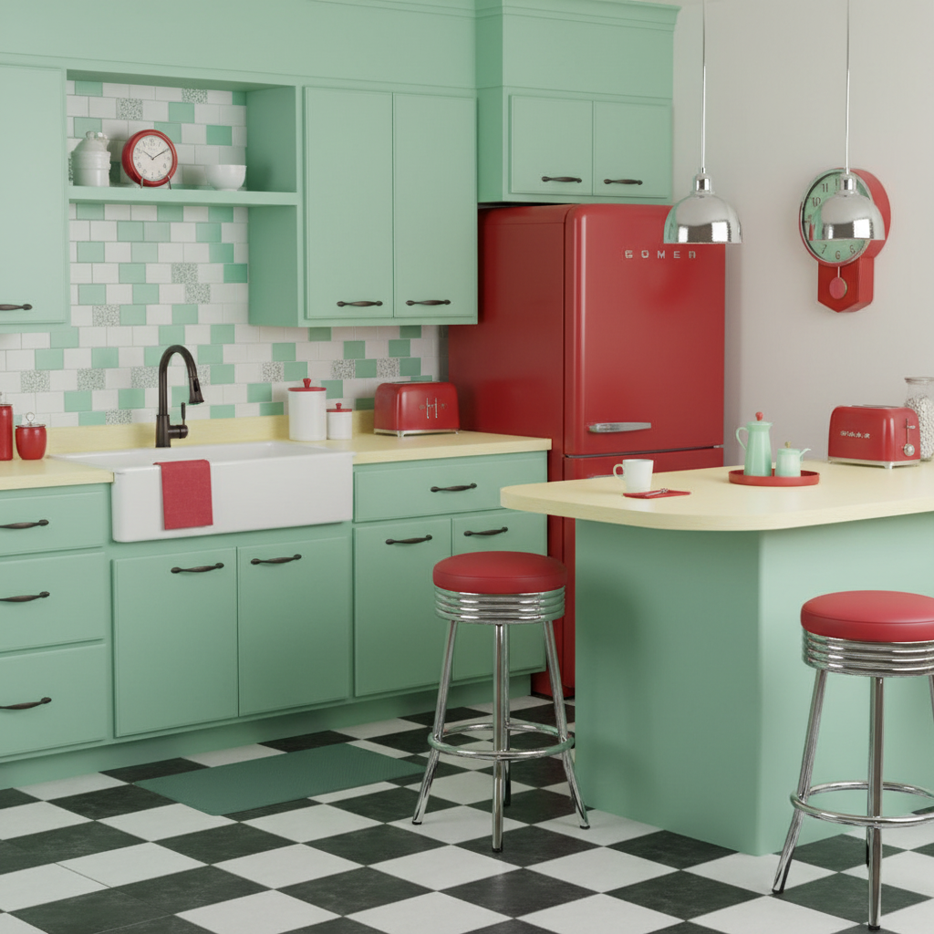 Vintage-style kitchen with green cabinets, red appliances, and checkered floor.