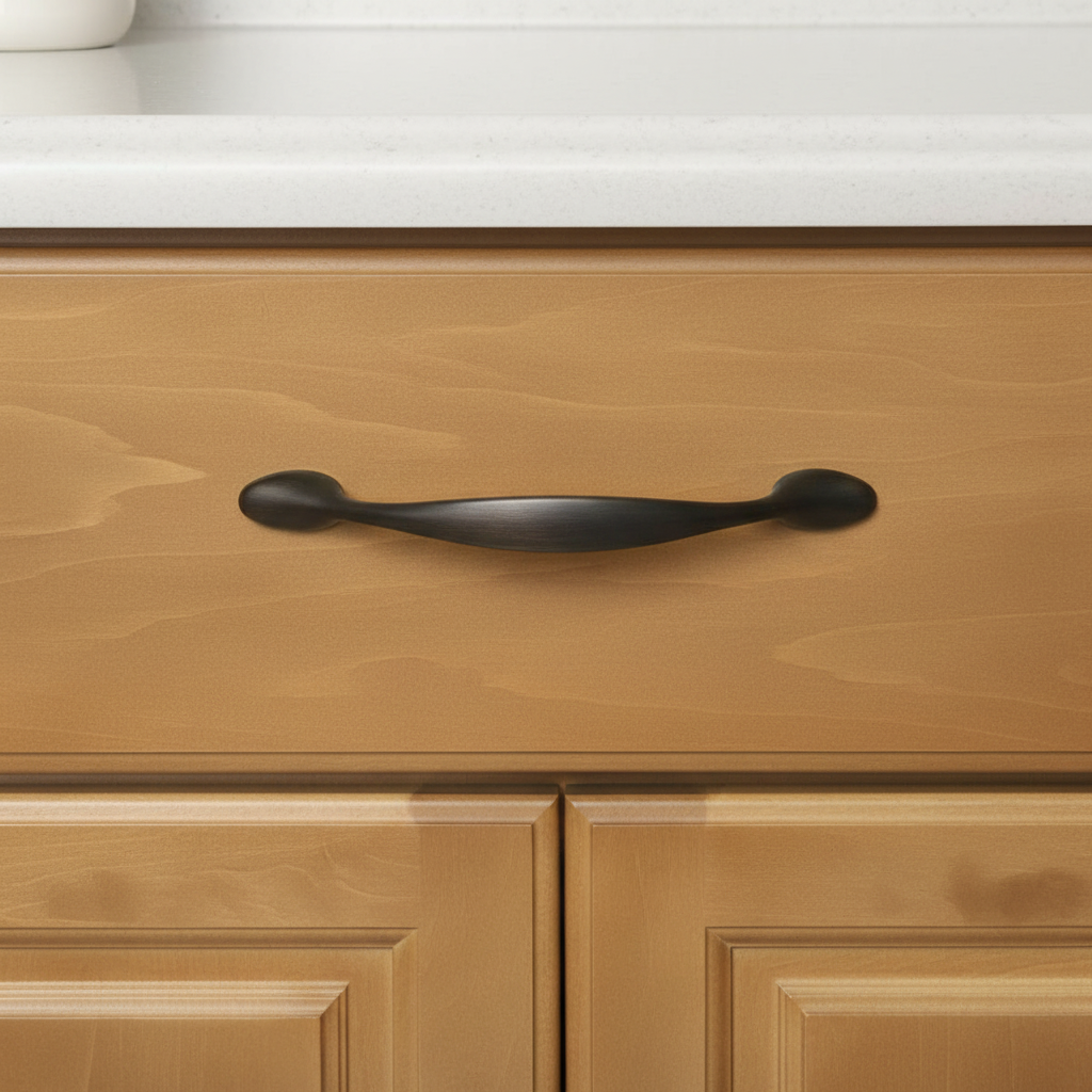 Wooden cabinet with a black handle on a white countertop background