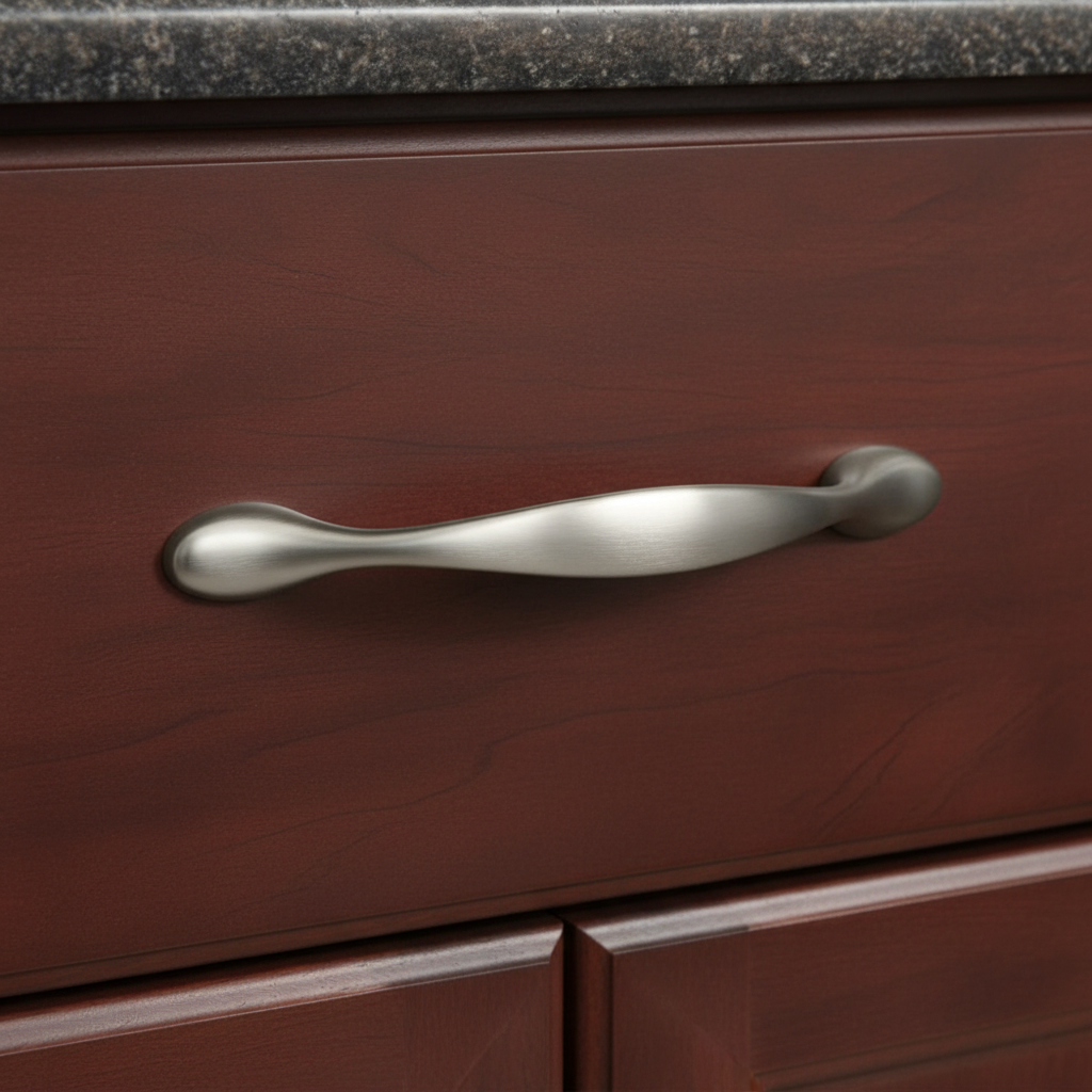 Close-up of a silver cabinet handle on a wooden drawer with a granite countertop.