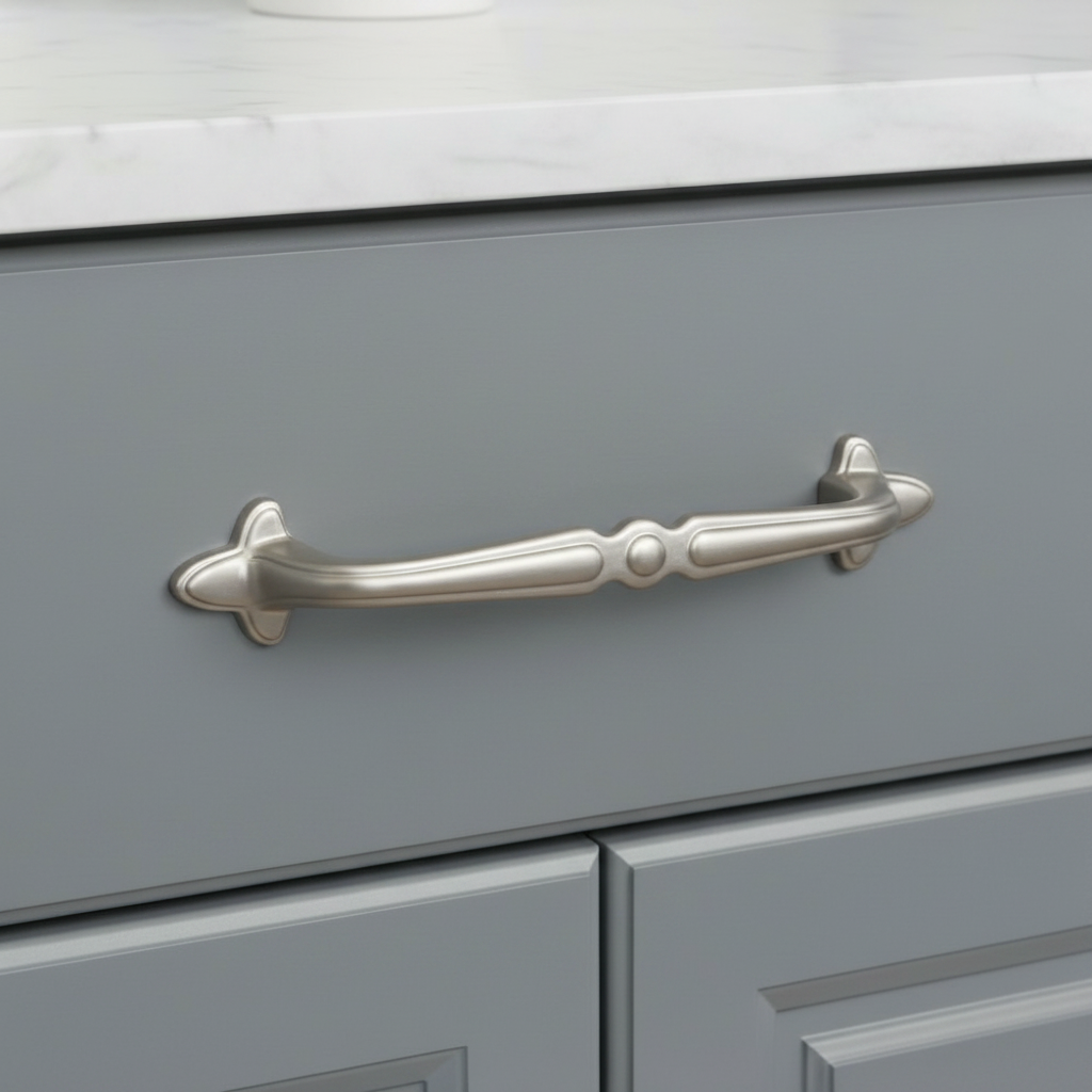 satin nickel cabinet handle on a gray drawer