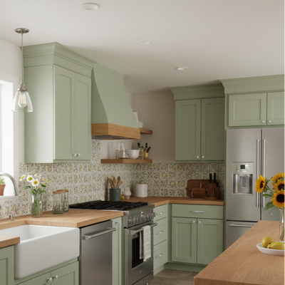 satin nickel cabinet pulls on a green kitchen 
